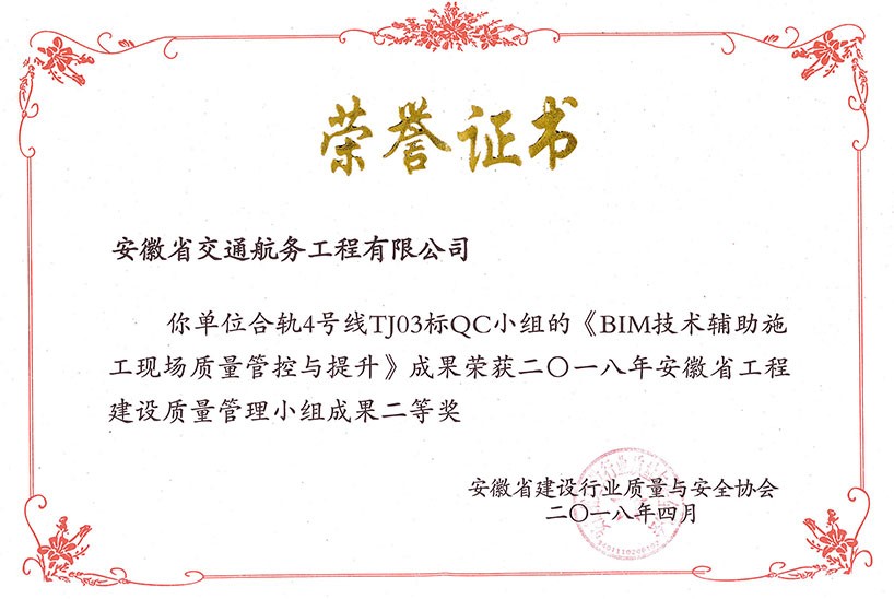 安徽省工程建設質(zhì)量管理小組成果二等獎